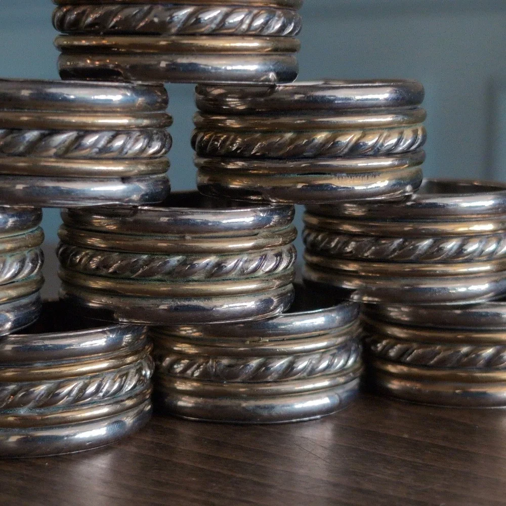 10 Vintage Silver Gold Tone Napkin Rings Set Heavy Metal Rope Twist Design